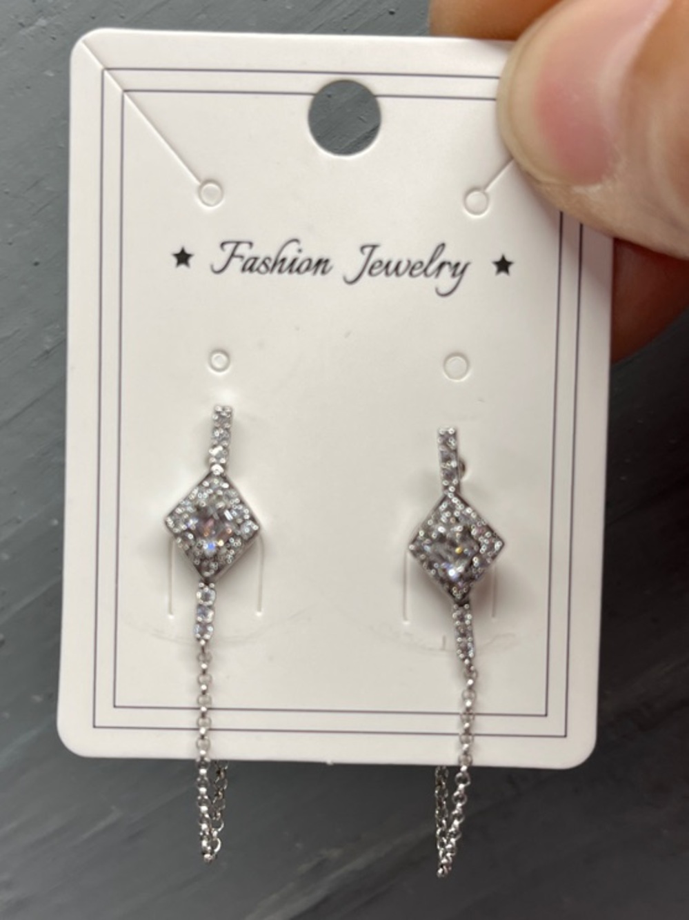 Silver Crystal Diamond-Shaped Threader Drop Earrings